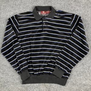 Classic Directions Polo Womens L Black Stripe Long Sleeve Retro Velour Vintage